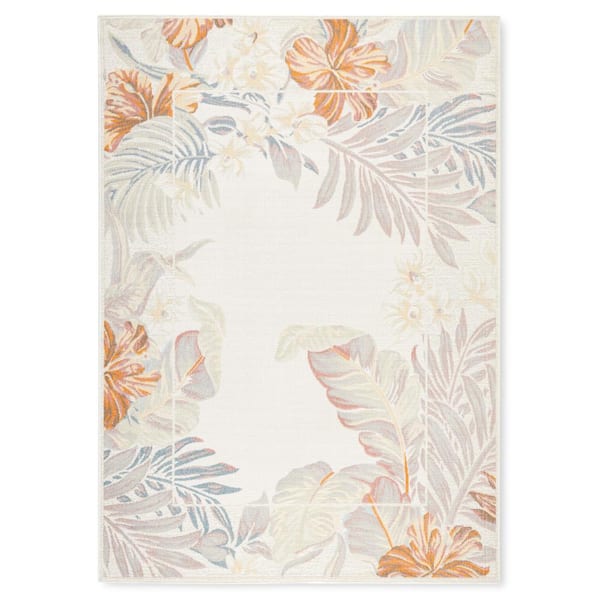 Bimini Blooming Border Ivory/Blue 5 ft. x 7 ft. Indoor Outdoor Area Rug