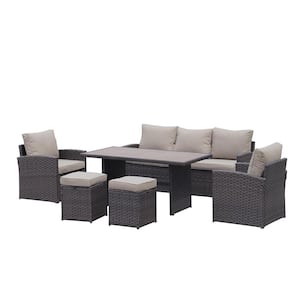 Dark Brown 6-Piece PE Wicker Patio Conversation Set with Beige Cushion Outdoor Patio Furniture Set Sectional Sofa Set
