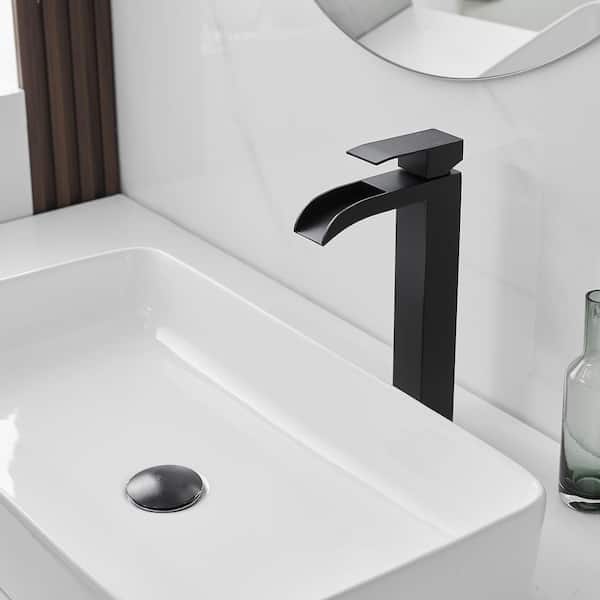 Waterfall Single Hole Single Handle Bathroom Vessel Sink Faucet With Drain Assembly in Matte Black
