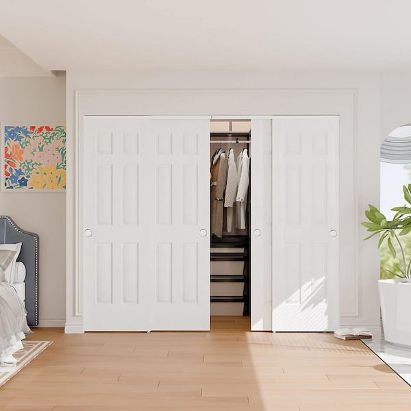 96 in. x 80 in. White 6-Panel MDF Sliding Door Panels with Handle, Hardware Track Kit and Floor Guide, Finished Doors