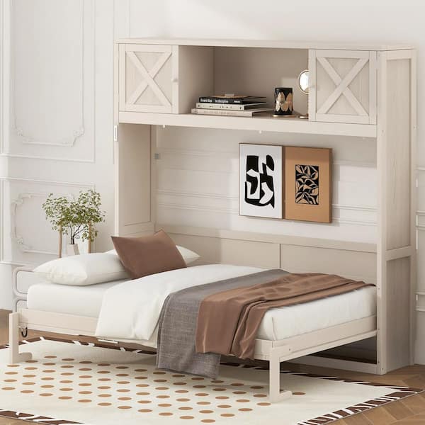 Beige Wood Frame Full Size Murphy Bed with Storage Cabinets