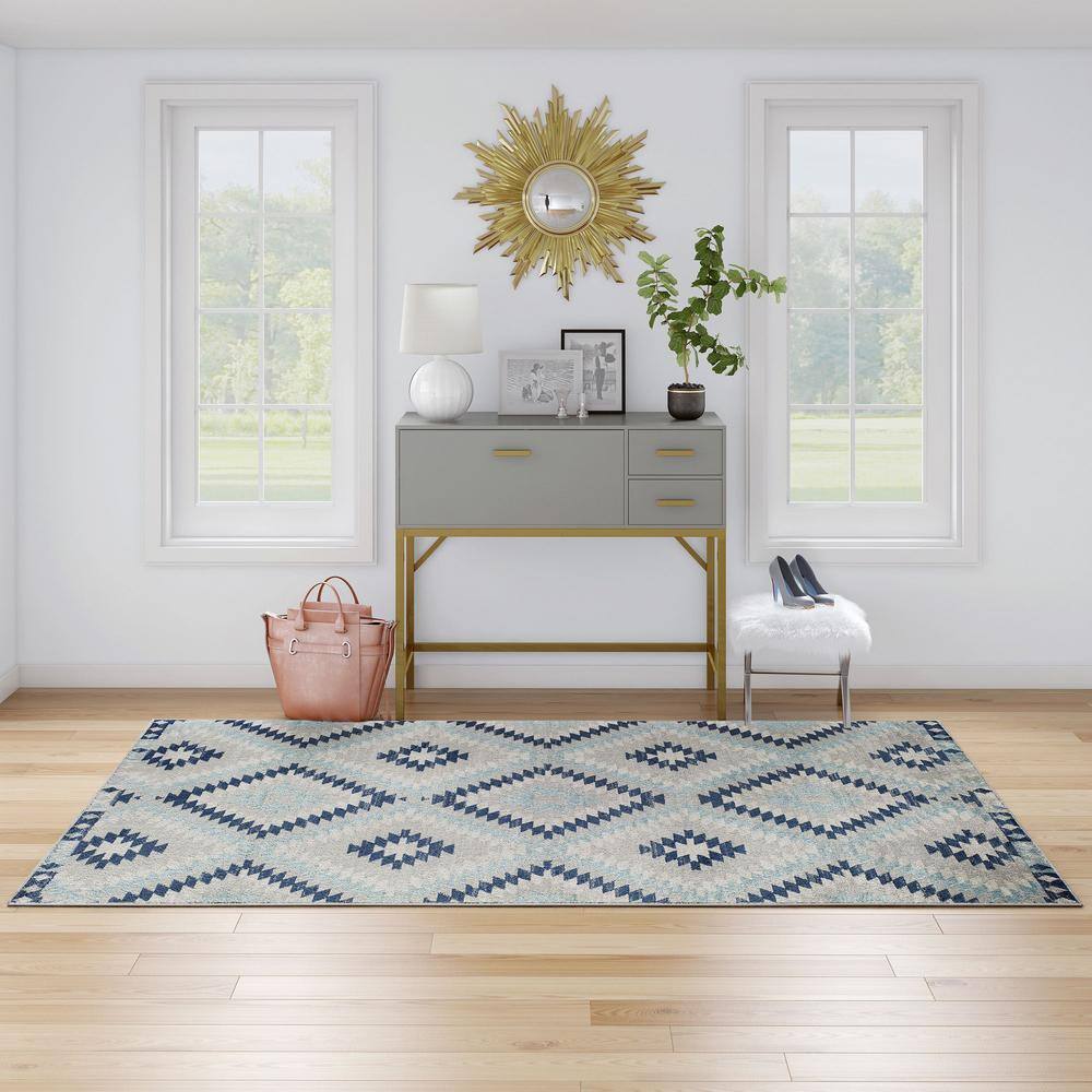 Ice Blue and Multicolor Synthetic Stain-Resistant Runner Rug