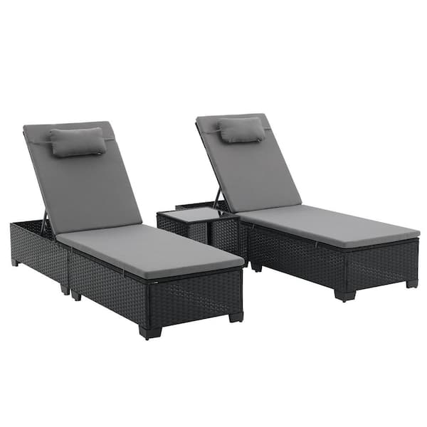 Anky 3-Piece PE Rattan Wicker Outdoor Chaise Lounge Chair Set with Coffee Table, Dark Gray Cushions and Pillow