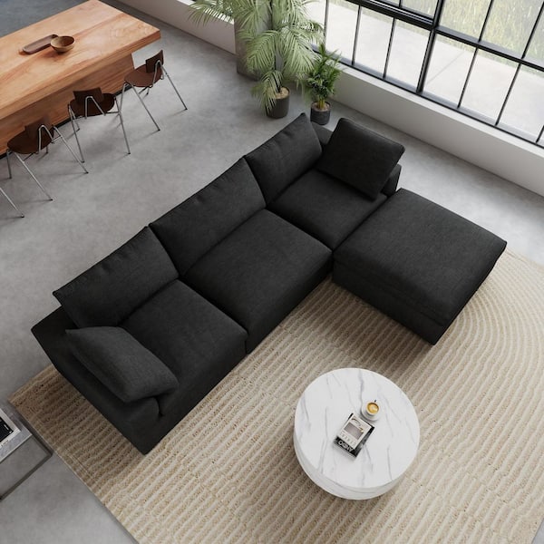 J&E Home 120.45 in. W Square Arm Linen L-Shaped 4-Pieces Modular Free Combination Sofa with Storage Ottoman in Black