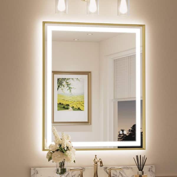 30 in. W x 36 in. H Rectangular Framed LED Lighted Bathroom Vanity Mirror with Light in Gold with Backlit and Anti-Fog