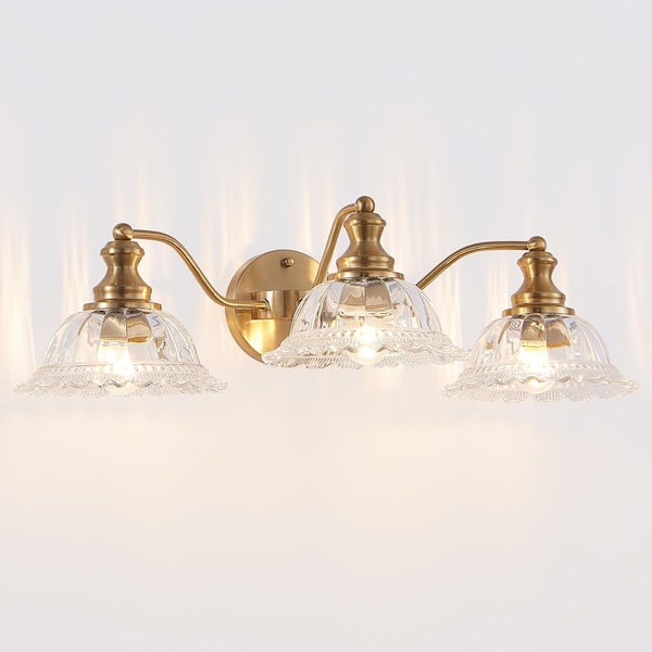 24.4 in. 3-Light Golden Vanity Light Fixture with Glass Shades