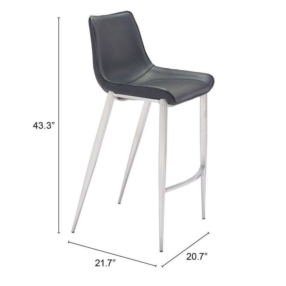 Transitional Magnus 20.7" Black Metal Bar Stool with Silver Accents