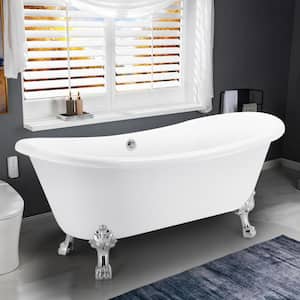 67 in.Acrylic Flatbottom Freestanding Bathtub Contemporary Soaking Tub in White Claw Feet,Drain and Overflow in Chrome