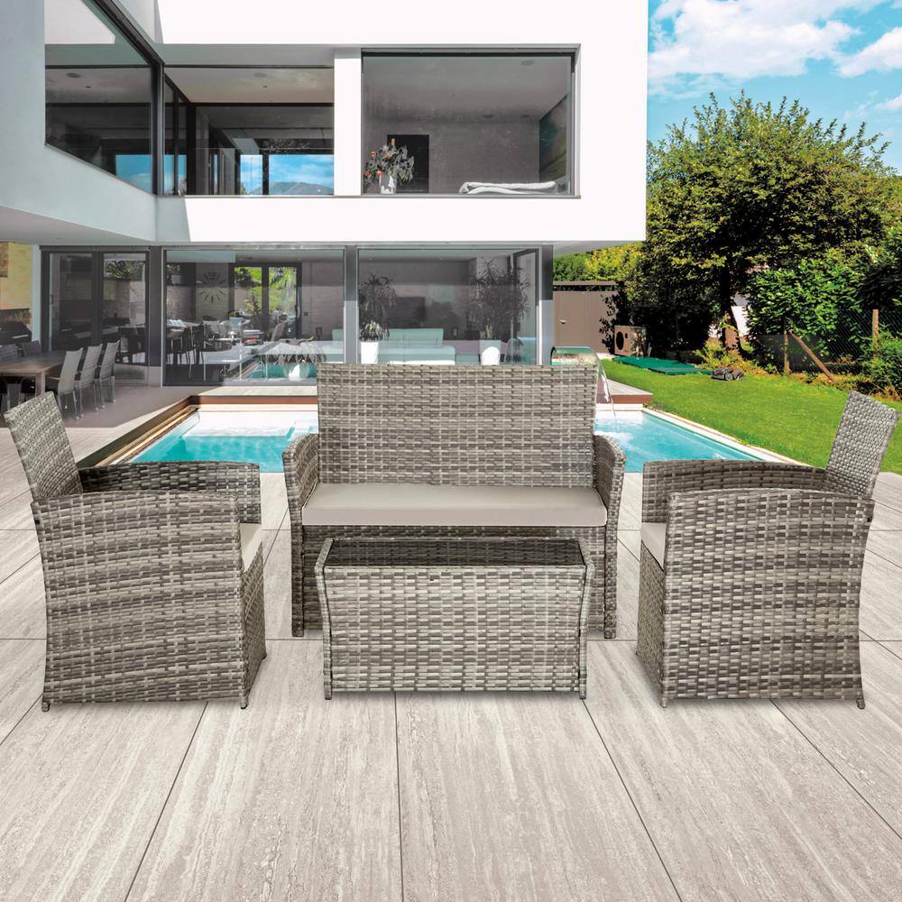4-Piece Gray Wicker Patio Outdoor Sectional Sofa Set with Gray Cushions and