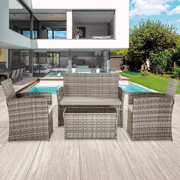 Unbranded 4-Piece Gray Wicker Patio Outdoor Sectional Sofa Set with Gray Cushions and Ottomans