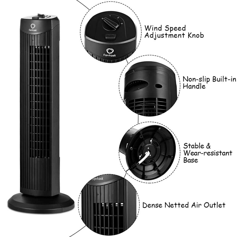 Black 28" Oscillating Bladeless Tower Fan with Three Speeds