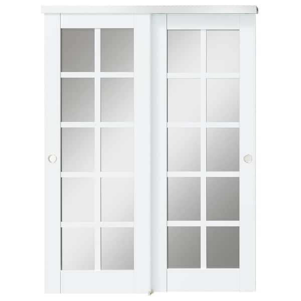 TENONER 64 in. x 80 in. (Double 32 in.) 10-Lite, Pine Wood, White No Bore Mirrored Glass Interior Door Slab with Bypass Hardware