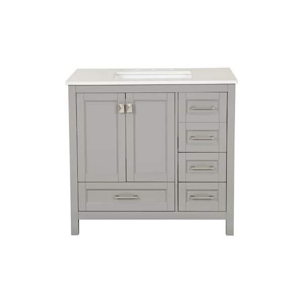 Xspracer Moray 36 in. W x 22 in. D x 36 in. H Freestanding Single Sink Bath Vanity in Grey with White Marble Countertop