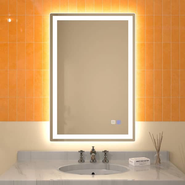 ExBrite Derrin 24 in. W x 36 in. H Rectangular Frameless Anti-Fog and LED Light Dimmable Wall Bathroom Vanity Mirror in Silver