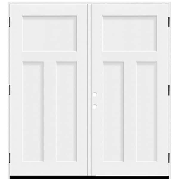 Legacy 64 in. x 80 in. 3 Panel Craftsman LHOS Unfinished White Fiberglass Double Prehung Front Door with 4-9/16 Jamb