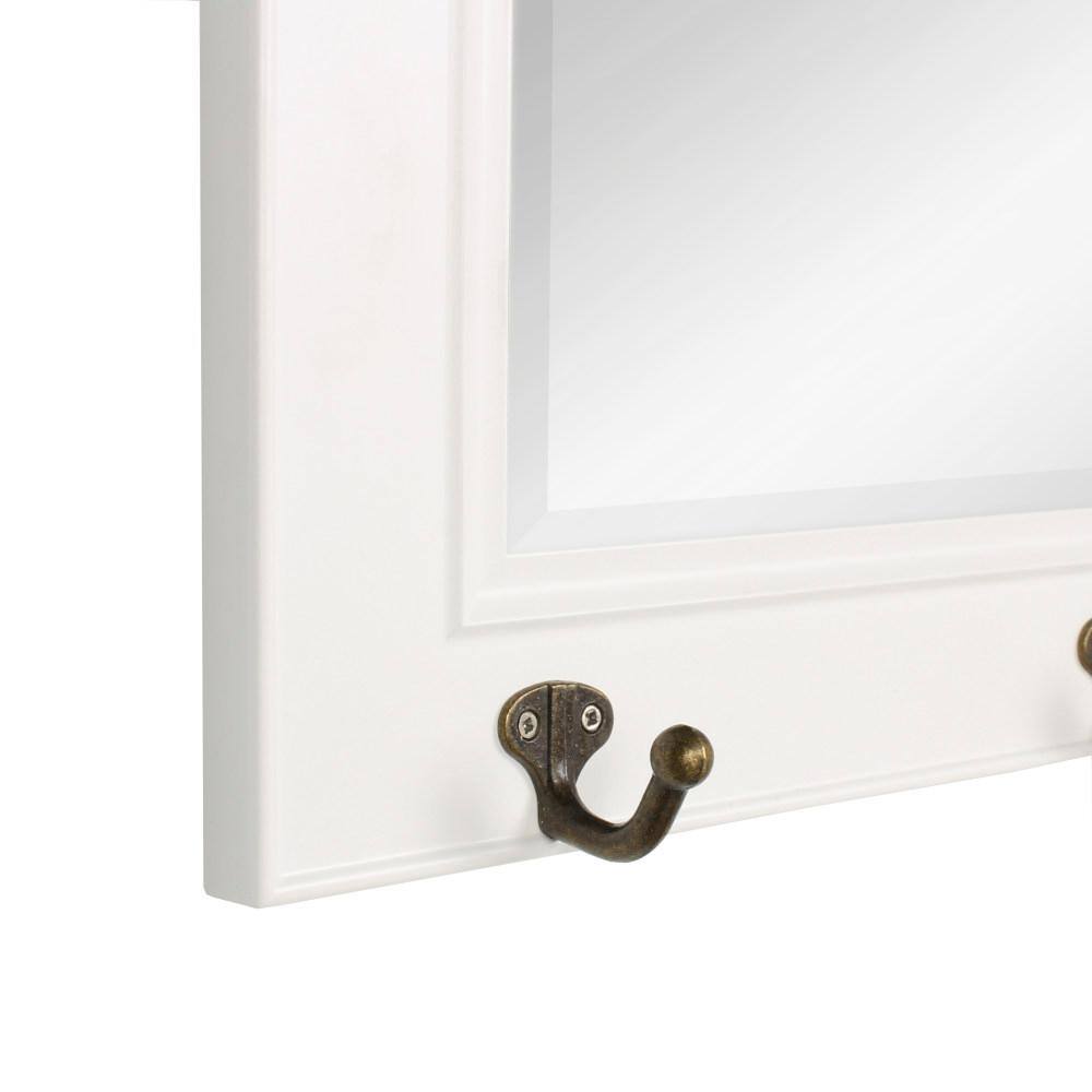Classic Beveled Pub Mirror with White Frame and Metal Hooks 36"x18"
