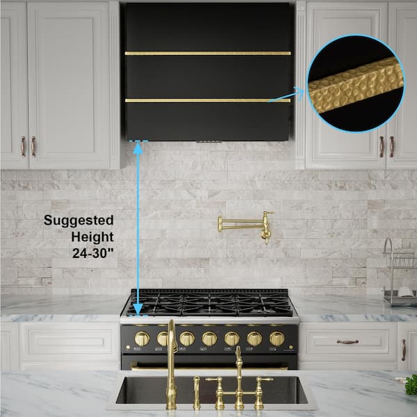 30 in. 600 CFM Ducted Wall Mount Range Hood with 3-Speed Push Control, LED Lights and Carbon Filter, in Black with Gold