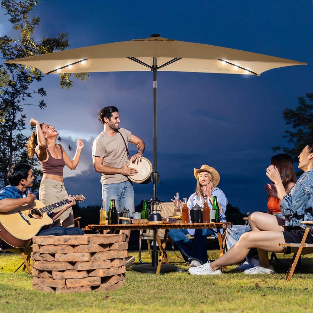 Nude Rectangular Steel Outdoor Umbrella with Solar LED Lights