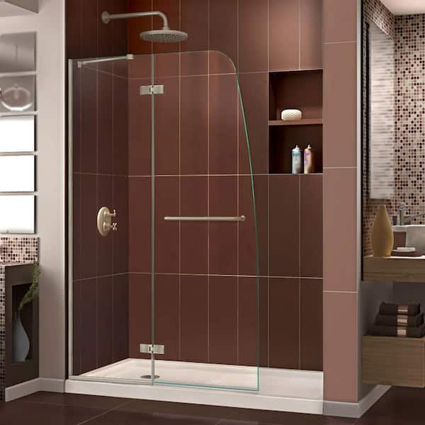 DreamLine Aqua Ultra 36 in. x 60 in. x 74.75 in. Semi-Frameless Hinged Shower Door in Brushed Nickel with Base in Biscuit