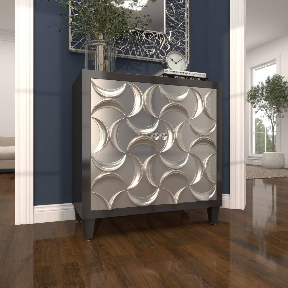 Black and Silver Crescent Moon Relief 2-Door Office Cabinet