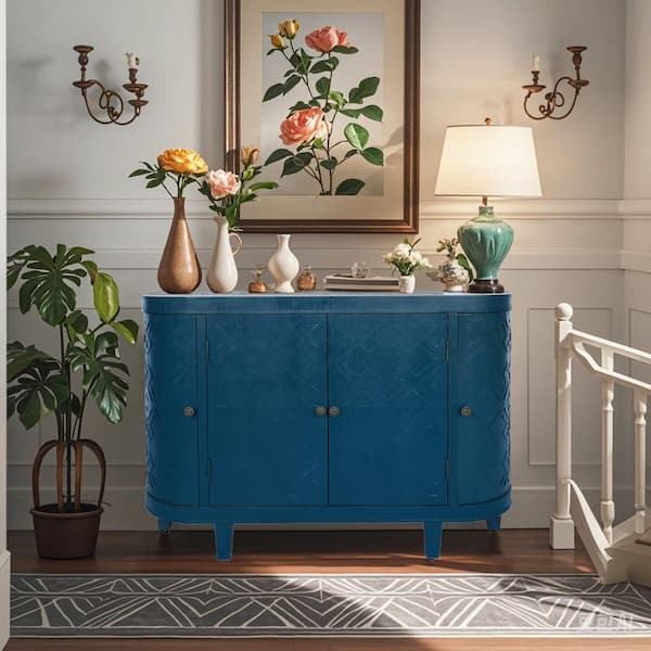 47 in. Blue Oval Storage Cabinet-Rustic 4-Door Buffet Sideboard with Sliding Doors,Fluted Design for Living Room