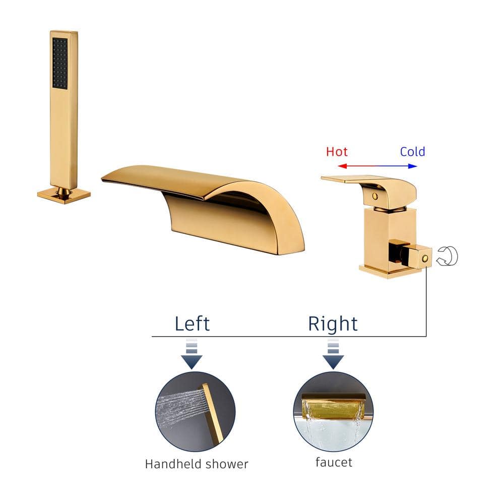 Gold Deck Mounted Waterfall Tub Faucet with Hand Shower