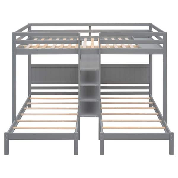 ANBAZAR Gray Full XL Over Twin and Twin Bunk Bed with Full Length Guardrail and Ladder, Wood Triple Bunk Bed with Storage Shelf