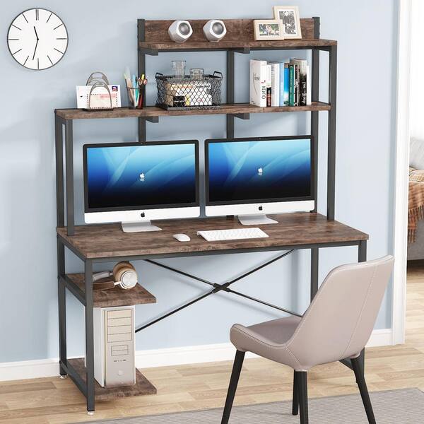 Tribesigns 42 in. Computer Desk Wood Brown Office Desk Study Desk with Hutch and Shelves for Small Space