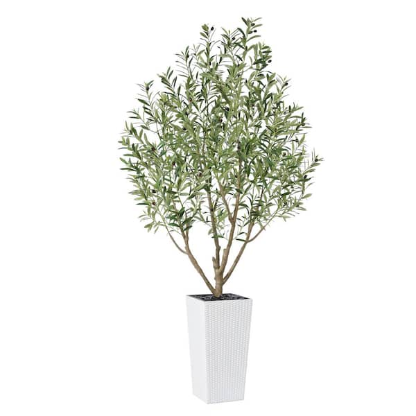 DR.Planzen 7 ft.Faux Olive Tree UV Resistant with White Tall Planter, Artificial Olive Tree for Outdoor Decor