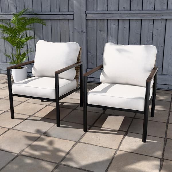 COOS BAY 2-Piece Light Brown Wicker Outdoor Dining Chair Patio Lounge Chair in Steel Frame with Beige Cushions