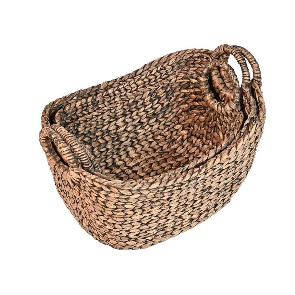 Nellie Brown Handwoven Hyacinth Boat Storage Baskets with Handles, Set of 3