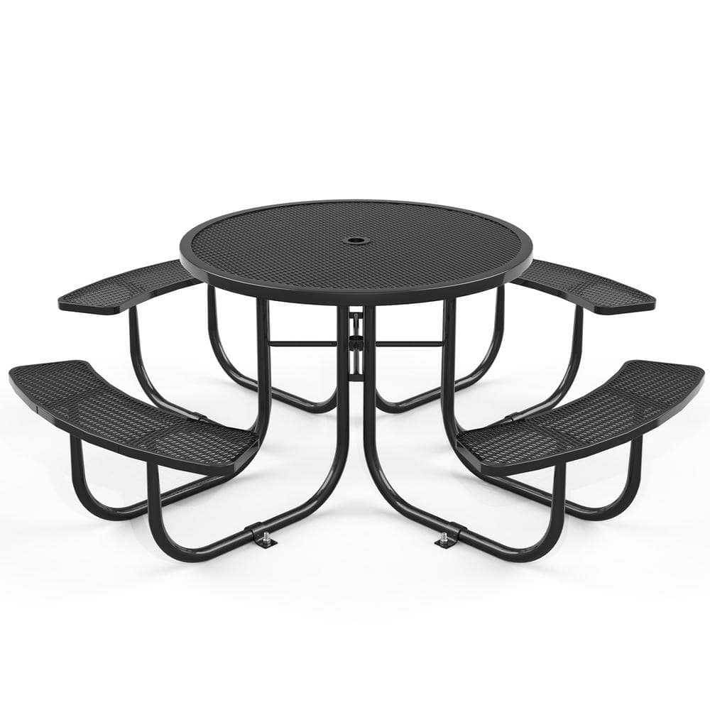 46 in. Round Outdoor Steel Picnic Table Seats 8 People with Umbrella Hole i