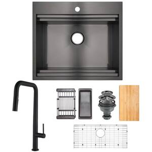 Gunmetal Matte Black Stainless Steel 25 in. x 22 in. Single Bowl Drop-In Workstation Kitchen Sink with Faucet