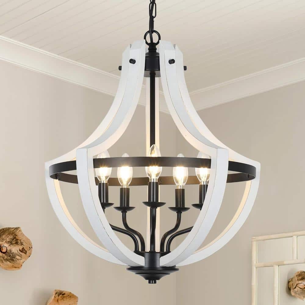 40w 5-Light White Wood Farmhouse Chandeliers Suspended Cage Light for Bedroom Kitchen Island Office(Bulbs Not Included) price history on PriceWatchPro