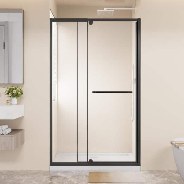 48 in. W x 72 in. H Pivot Framed Swing Shower Door in Matte Black with 1/4" (6mm) SGCC Clear Tempered Glass