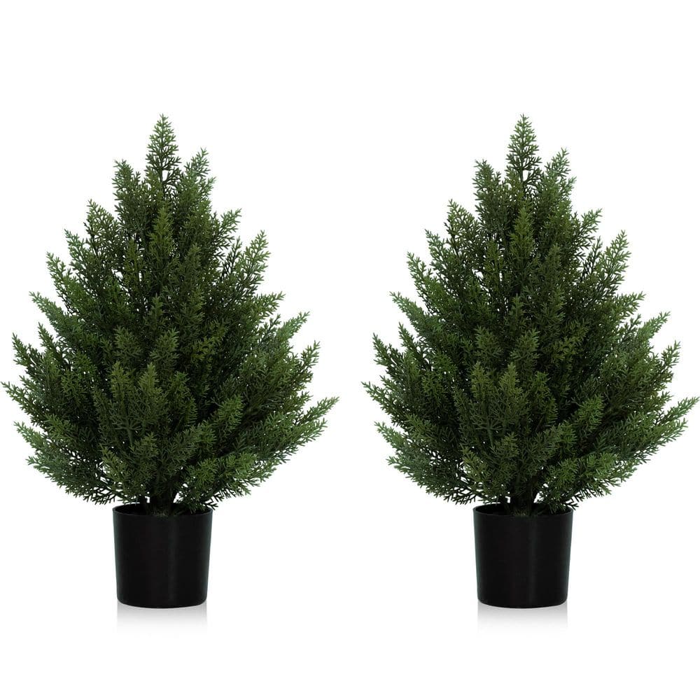 Vitalismo 2 ft. Artificial Cedar Topiary Trees Indoor/Outdoor Faux Cedar Topiary Plants in Pots Greenery Home Decor (Set of 2)