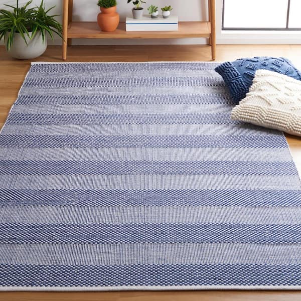 Striped Kilim Ivory Blue 6 ft. x 9 ft. Plaid Area Rug