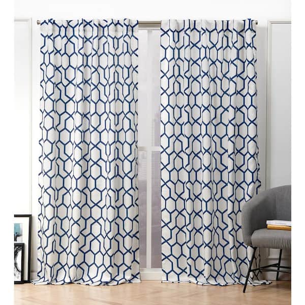 NICOLE MILLER NEW YORK Hexa Indigo Geometric Light Filtering Hidden Tab / Rod Pocket Curtain, 54 in. W x 108 in. L (Set of 2)