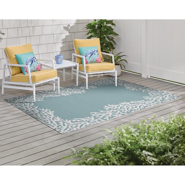Coral Teal/White 8 ft. x 10 ft. Indoor/Outdoor Area Rug