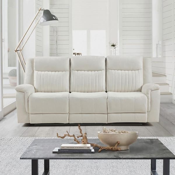Gabi 86 in W Pillow Top Arm Microfiber Rectangle Manual Double Reclining Sofa in Beige