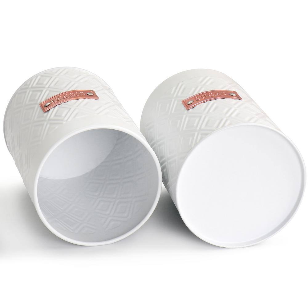 White Diamond Pattern Iron Canister Set with Bamboo Lids