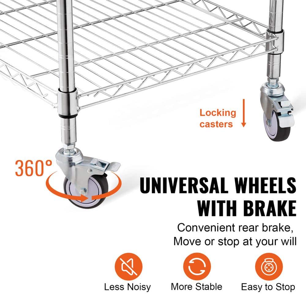 Silver 3-Tier Steel Utility Cart with Adjustable Shelves and Wheels