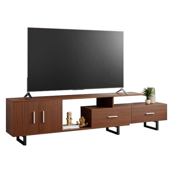 Leisuremod Avery Mid Century Modern Rectangular TV Stand with MDF Wood Cabinet and Powder Coated Steel Legs, Walnut