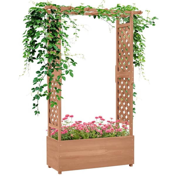 Tenleaf 44 .1 in. x 70.9 in. Brown Wood Garden Trellis with Wood Planter Box, Drainage Hole and Fabric Filter