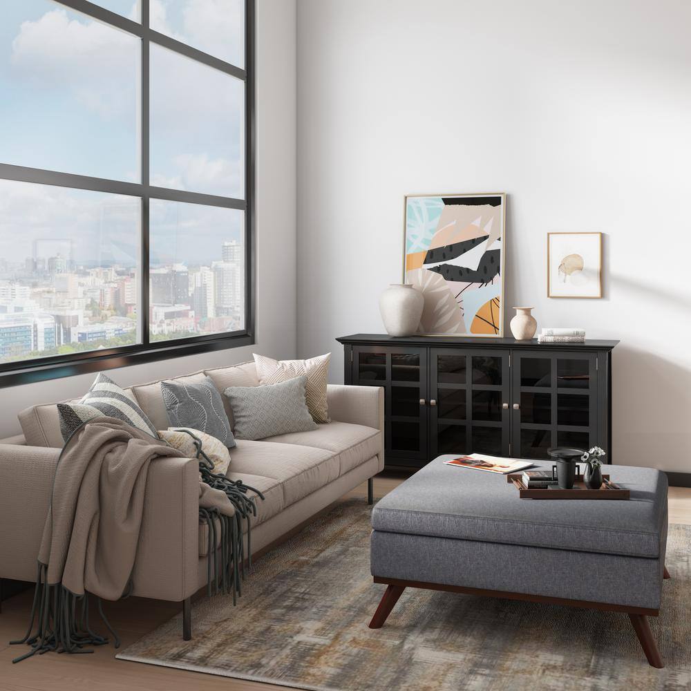 Slate Gray Linen Mid-Century Modern Storage Ottoman