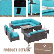 13-Piece Wicker Patio Conversation Set with 55000 BTU Gas Fire Pit Table and Glass Coffee Table and Cushions Blue