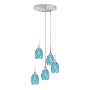 Albany 60-Watt 17.75 in. 5-Light Brushed Nickel Cord Pendant Light Turquoise Fusion Glass Shade