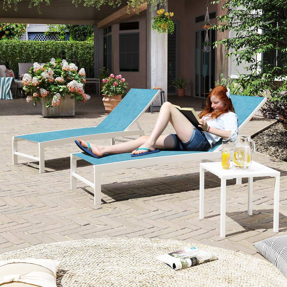 74.8" Blue Fabric and White Aluminum Outdoor Chaise Lounge Set