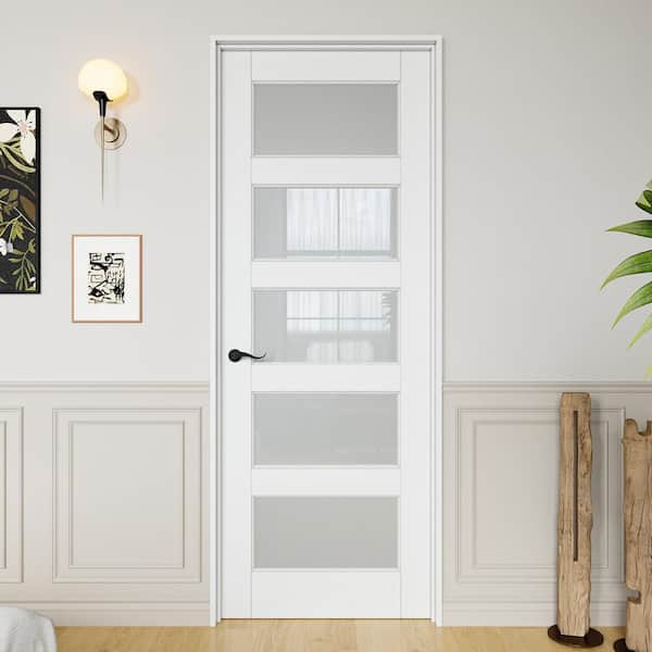 32 in. x 96 in. 5-Lite Frosted Glass Right-Handed White Solid Core MDF Door Kit with Quick Assemble Jamb