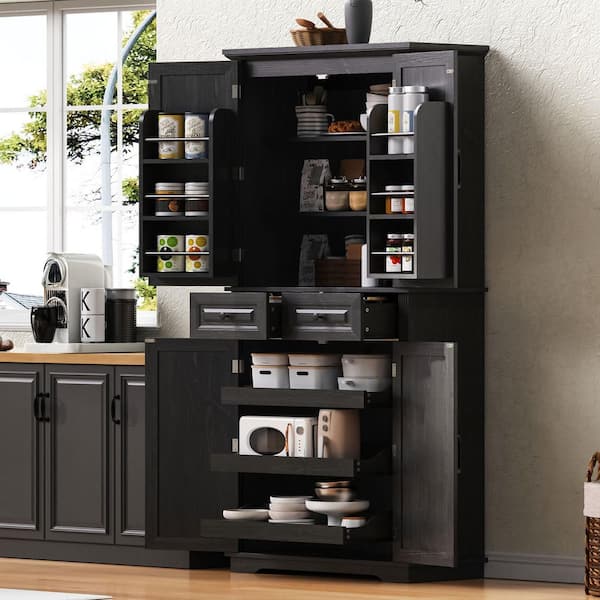 Antique Black Wood 31.5 in. Kitchen Cart Embossed Texture Freestanding Kitchen Pantry with 6 Door Shelves and 2-Drawer